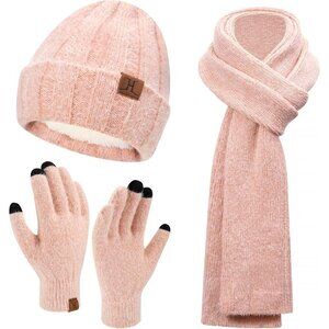 Women's Pink Warm Knit Beanie Hat Touchscreen Gloves Long Neck Scarf Set